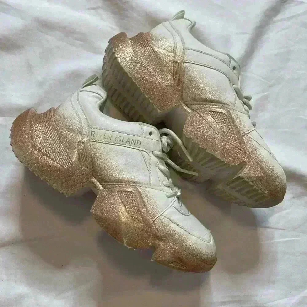 River Island Lace Up Glitter Chunky Style Trainers Sneaker Size 1 White Gold